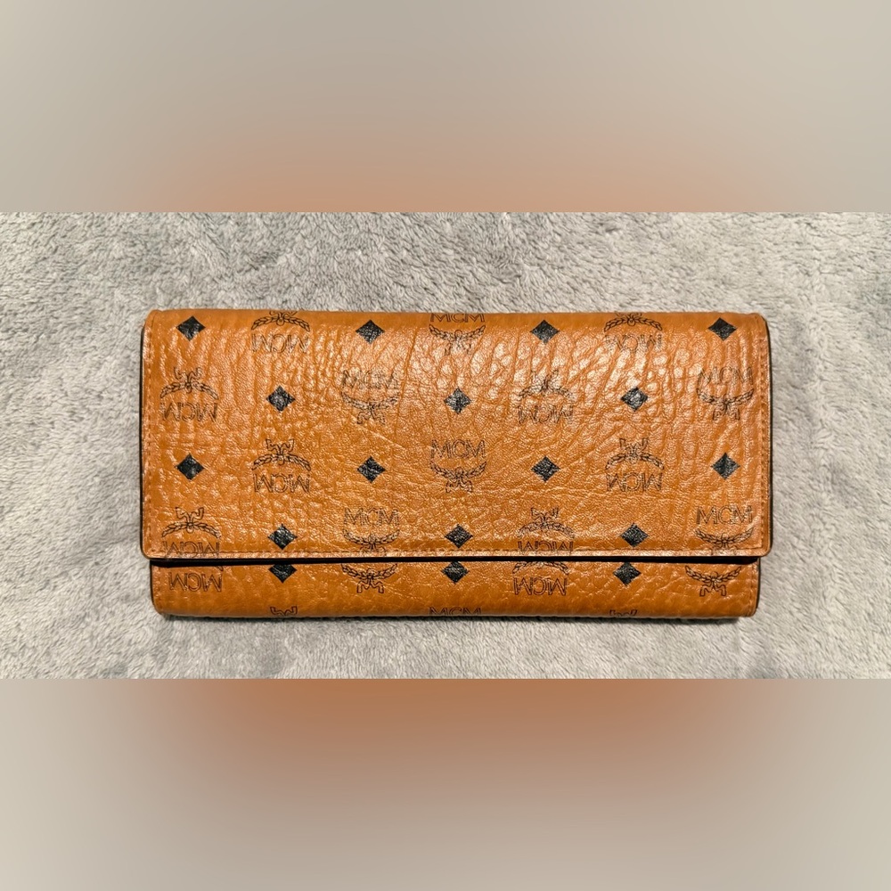 MCM Tan Leather Wallet with Logo Pattern